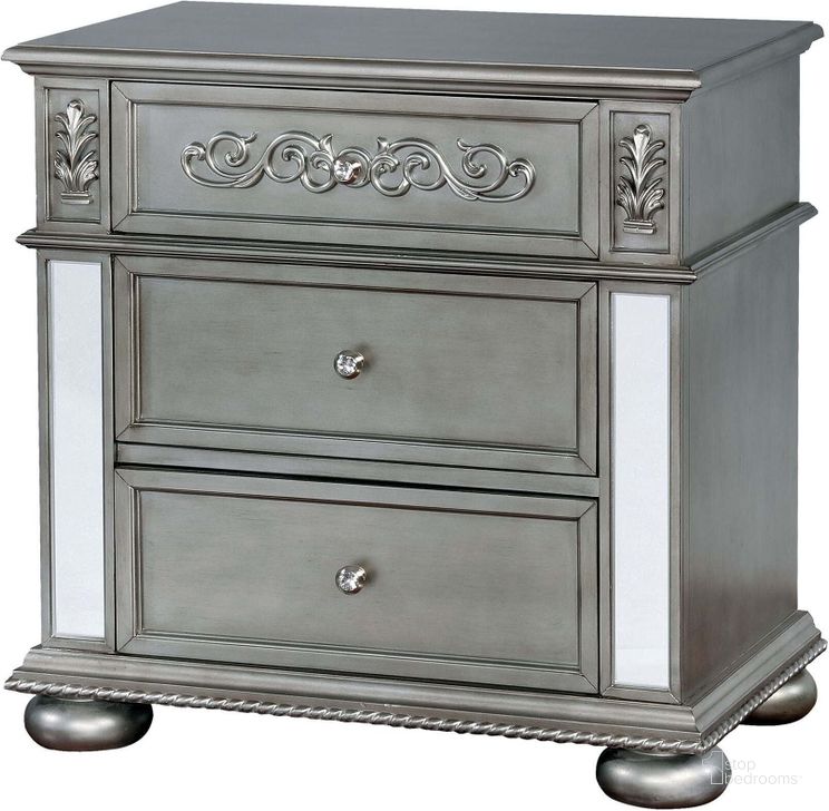 The appearance of Azha Silver Nightstand designed by Furniture of America in the traditional interior design. This silver piece of furniture  was selected by 1StopBedrooms from Azha Collection to add a touch of cosiness and style into your home. Sku: CM7194N. Material: Wood. Product Type: Nightstand. Image1