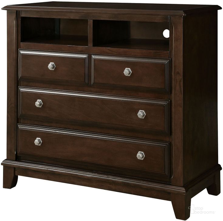 The appearance of Litchville Brown Cherry Media Chest designed by Furniture of America in the modern / contemporary interior design. This brown piece of furniture  was selected by 1StopBedrooms from Litchville Collection to add a touch of cosiness and style into your home. Sku: CM7383TV. Material: Wood. Product Type: Media Chest. Image1
