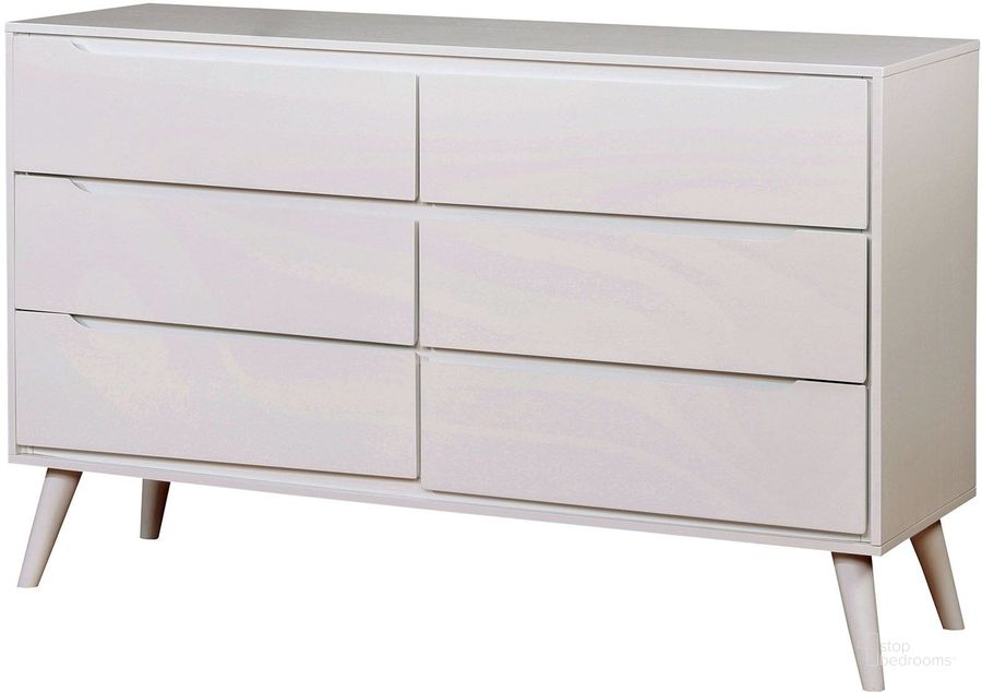 The appearance of Lennart II White Dresser designed by Furniture of America in the modern / contemporary interior design. This white piece of furniture  was selected by 1StopBedrooms from Lennart Collection to add a touch of cosiness and style into your home. Sku: CM7386WH-D. Material: Wood. Product Type: Dresser. Image1