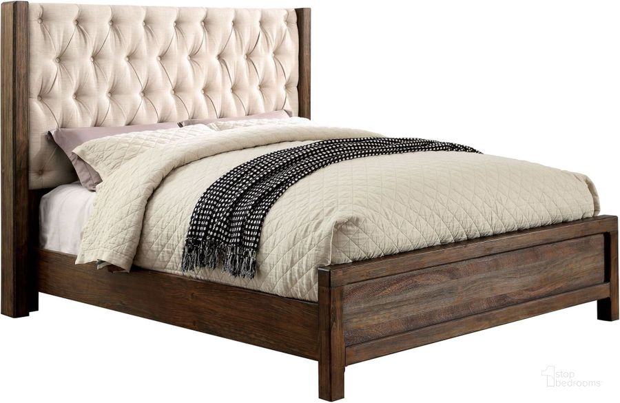 The appearance of Hutchinson Rustic Natural Tone Queen Upholstered Panel Bed designed by Furniture of America in the transitional interior design. This brown piece of furniture  was selected by 1StopBedrooms from Hutchinson Collection to add a touch of cosiness and style into your home. Sku: CM7577Q-HB;CM7577Q-FB;CM7577Q-R4. Bed Type: Panel Bed. Material: Wood. Product Type: Panel Bed. Bed Size: Queen. Image1