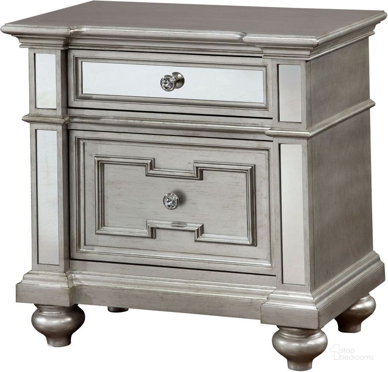 The appearance of Salamanca Silver Nightstand designed by Furniture of America in the modern / contemporary interior design. This silver piece of furniture  was selected by 1StopBedrooms from Salamanca Collection to add a touch of cosiness and style into your home. Sku: CM7673N. Material: Wood. Product Type: Nightstand. Image1