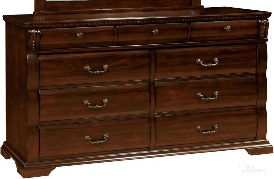 The appearance of Burleigh Cherry Dresser designed by Furniture of America in the transitional interior design. This brown piece of furniture  was selected by 1StopBedrooms from Burleigh Collection to add a touch of cosiness and style into your home. Sku: CM7791D. Material: Wood. Product Type: Dresser. Image1