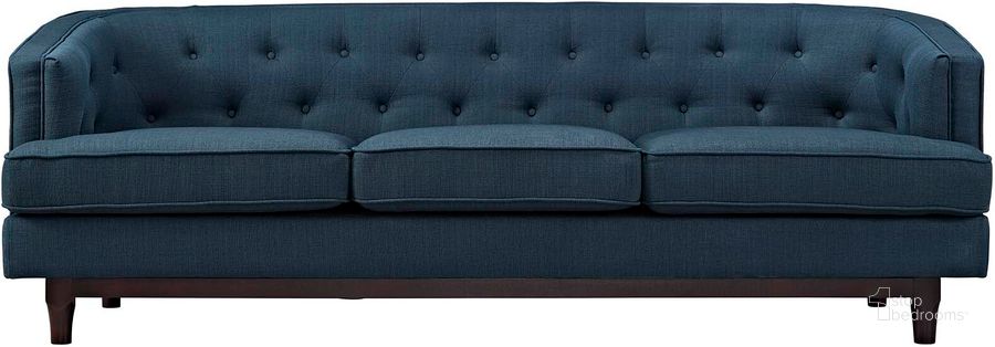 The appearance of Coast Azure Upholstered Fabric Sofa designed by Modway in the modern / contemporary interior design. This azure piece of furniture  was selected by 1StopBedrooms from Coast Collection to add a touch of cosiness and style into your home. Sku: EEI-2131-AZU. Material: Wood. Product Type: Sofa. Image1