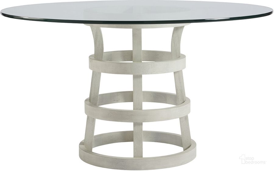 The appearance of Coastal Living Sandbar 54" Round Dining Table designed by Universal in the coastal interior design. This white piece of furniture  was selected by 1StopBedrooms from Coastal Living Collection to add a touch of cosiness and style into your home. Sku: 833656A-TAB;833656-BASE. Table Base Style: Pedestal. Table Top Shape: Round. Material: Glass. Product Type: Dining Table. Image1