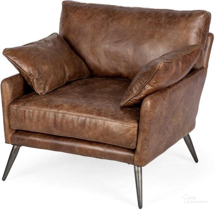 The appearance of Cochrane I Brown Leather Wrapped Chair designed by Mercana in the modern / contemporary interior design. This brown piece of furniture  was selected by 1StopBedrooms from Cochrane Collection to add a touch of cosiness and style into your home. Sku: 67935. Material: Leather. Product Type: Accent Chair. Image1
