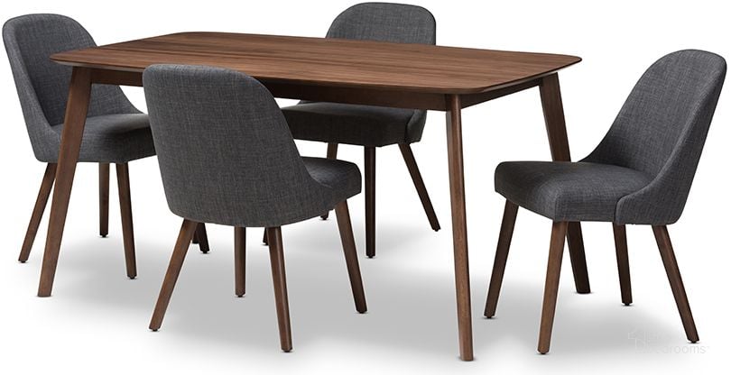 The appearance of Cody Mid-Century Modern Dark Grey Fabric Upholstered Walnut Finished Wood 5-Piece Dining Set designed by Baxton Studio in the transitional interior design. This walnut piece of furniture  was selected by 1StopBedrooms from Cody Collection to add a touch of cosiness and style into your home. Sku: Cody-Dark Grey-5PC Dining Set. Product Type: Dining Room Set. Material: Rubberwood. Image1