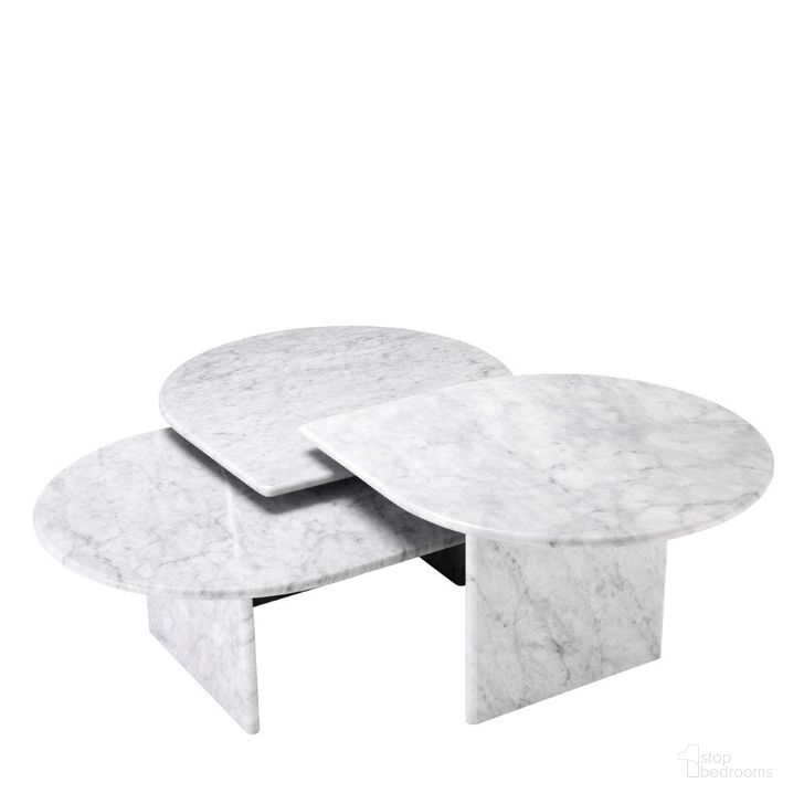 The appearance of Coffee Table Naples White Carrera Marble Set Of 3 designed by Eichholtz in the modern / contemporary interior design. This white piece of furniture  was selected by 1StopBedrooms from Naples Collection to add a touch of cosiness and style into your home. Sku: 113801A;113801B;113801C. Product Type: Coffee Table. Image1