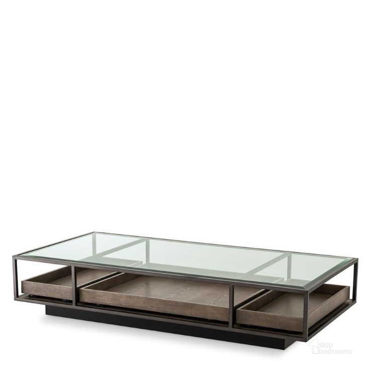 The appearance of Coffee Table Roxton Bronze Finish designed by Eichholtz in the modern / contemporary interior design. This bronze piece of furniture  was selected by 1StopBedrooms from Roxton Collection to add a touch of cosiness and style into your home. Sku: 116208A;116208B. Product Type: Coffee Table. Image1