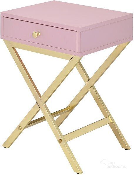 The appearance of Coleen Side Table (Pink/ Gold) designed by ACME in the modern / contemporary interior design. This pink and gold piece of furniture  was selected by 1StopBedrooms from Coleen Collection to add a touch of cosiness and style into your home. Sku: 82698. Material: Metal. Product Type: End Table. Image1