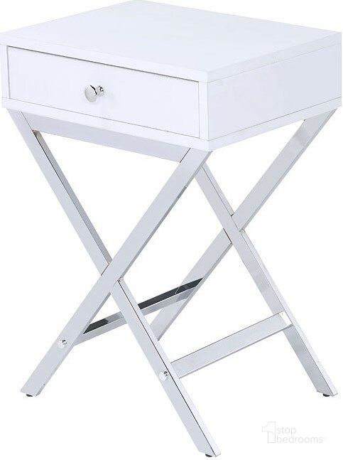 The appearance of Coleen Side Table (White/ Chrome) designed by ACME in the modern / contemporary interior design. This white and chrome piece of furniture  was selected by 1StopBedrooms from Coleen Collection to add a touch of cosiness and style into your home. Sku: 82696. Material: Metal. Product Type: End Table. Image1