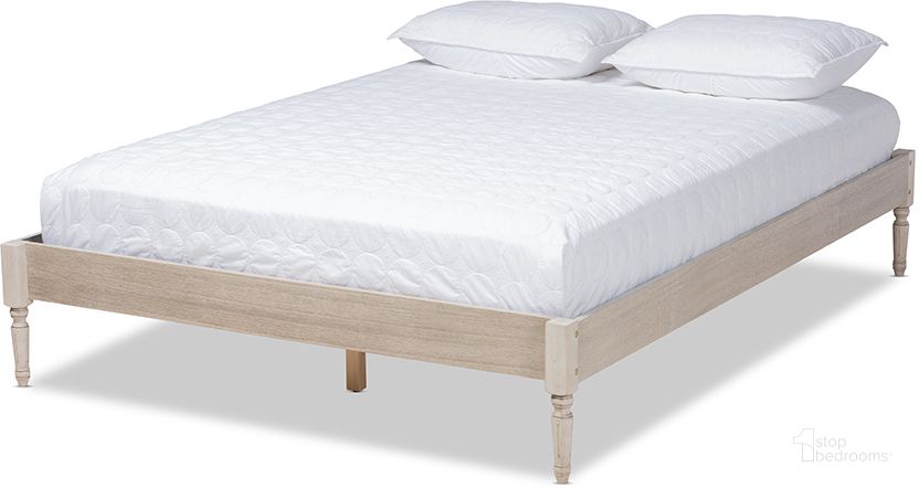 The appearance of Colette French Bohemian Antique White Oak Finished Wood King Size Platform Bed Frame designed by Baxton Studio in the transitional interior design. This antique white piece of furniture  was selected by 1StopBedrooms from Colette Collection to add a touch of cosiness and style into your home. Sku: MG0009-Antique White-King. Product Type: Bed Frame. Bed Size: King. Material: Rubberwood. Image1