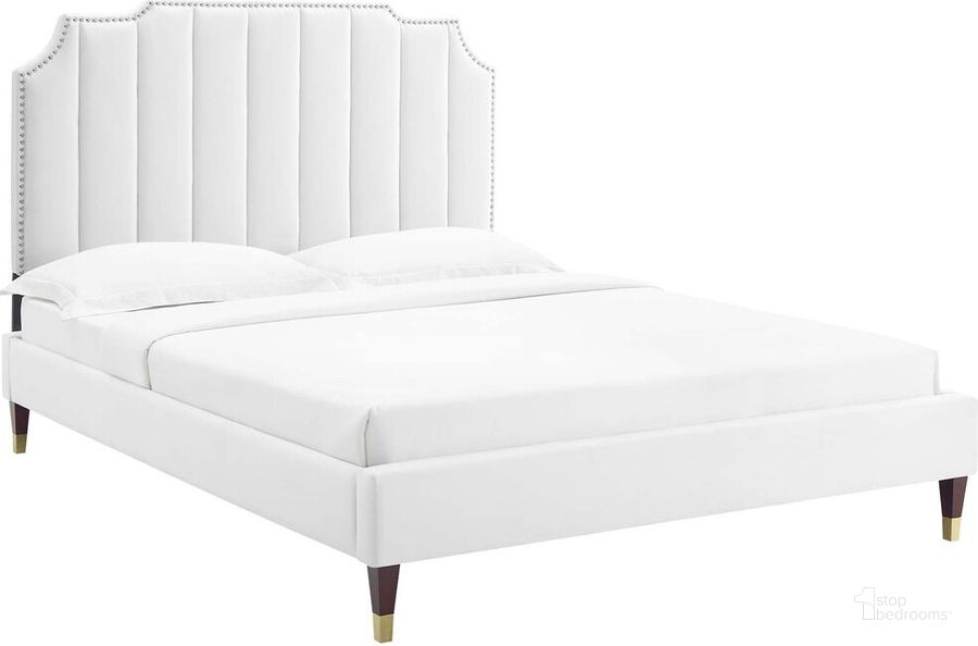 The appearance of Colette King Performance Velvet Platform Bed In White designed by Modway in the  interior design. This white piece of furniture  was selected by 1StopBedrooms from Colette Collection to add a touch of cosiness and style into your home. Sku: MOD-7074-WHI. Bed Type: Platform Bed. Product Type: Platform Bed. Bed Size: King. Material: MDF. Image1