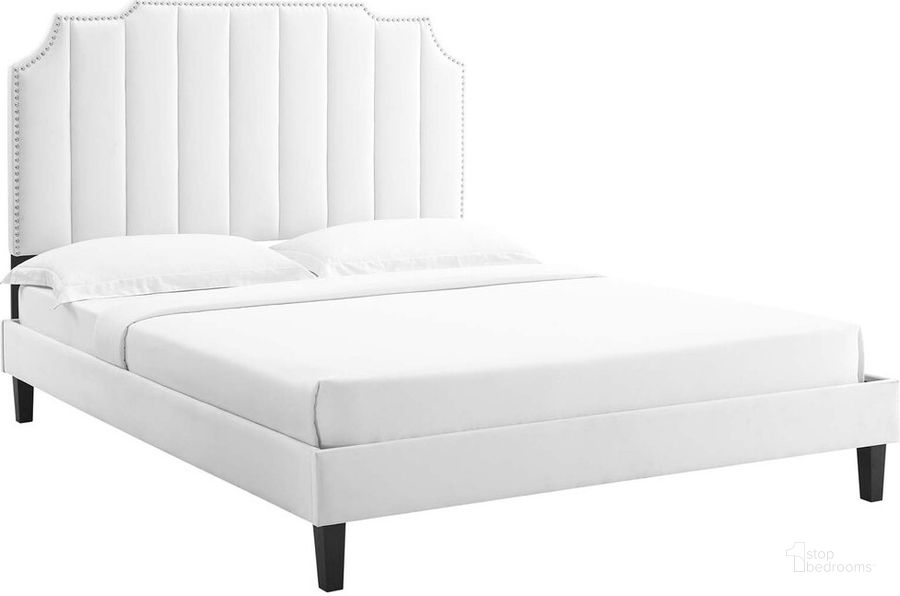 The appearance of Colette King Performance Velvet Platform Bed In White designed by Modway in the  interior design. This white piece of furniture  was selected by 1StopBedrooms from Colette Collection to add a touch of cosiness and style into your home. Sku: MOD-7075-WHI. Bed Type: Platform Bed. Product Type: Platform Bed. Bed Size: King. Material: MDF. Image1