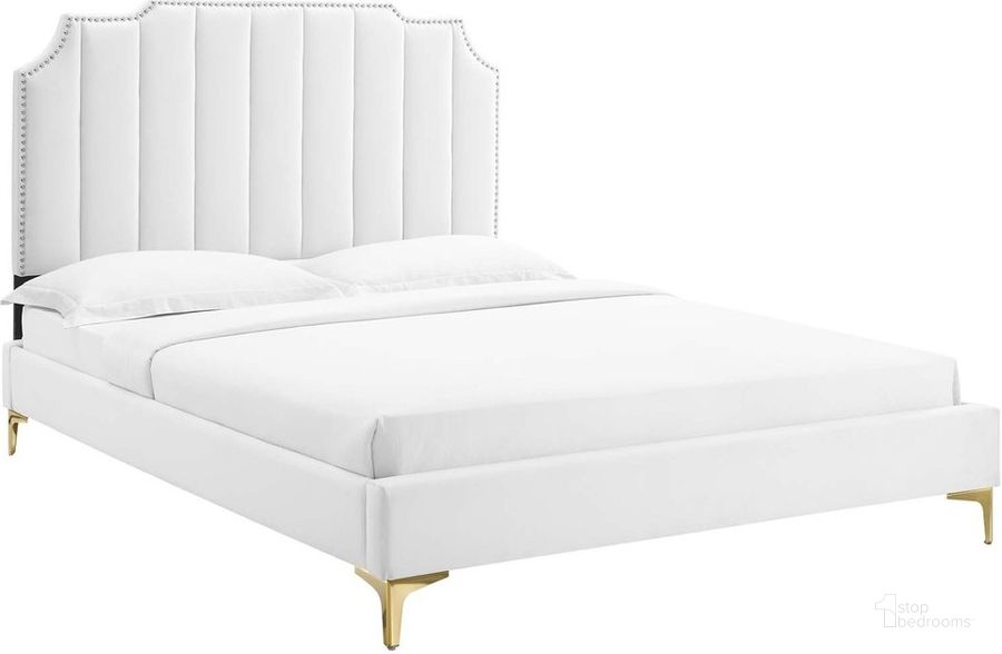 The appearance of Colette King Performance Velvet Platform Bed In White designed by Modway in the  interior design. This white piece of furniture  was selected by 1StopBedrooms from Colette Collection to add a touch of cosiness and style into your home. Sku: MOD-6894-WHI. Bed Type: Platform Bed. Product Type: Platform Bed. Bed Size: King. Material: MDF. Image1