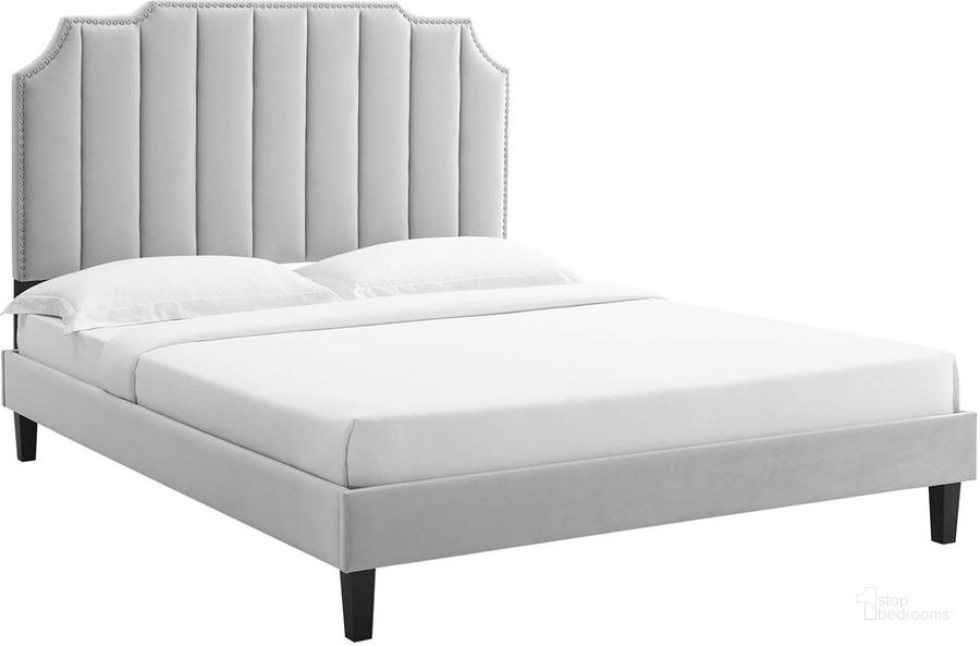 The appearance of Colette Queen Performance Velvet Platform Bed In Light Gray designed by Modway in the  interior design. This light gray piece of furniture  was selected by 1StopBedrooms from Colette Collection to add a touch of cosiness and style into your home. Sku: MOD-6585-LGR. Bed Type: Platform Bed. Product Type: Platform Bed. Bed Size: Queen. Material: MDF. Image1