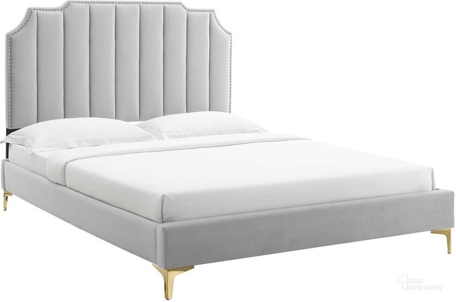The appearance of Colette Queen Performance Velvet Platform Bed In Light Gray designed by Modway in the  interior design. This light gray piece of furniture  was selected by 1StopBedrooms from Colette Collection to add a touch of cosiness and style into your home. Sku: MOD-6583-LGR. Bed Type: Platform Bed. Product Type: Platform Bed. Bed Size: Queen. Material: MDF. Image1