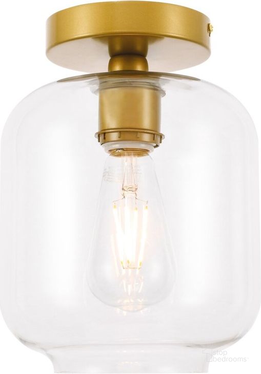 The appearance of Collier 1 Light Brass And Clear Glass Flush Mount designed by Elegant Lighting in the industrial interior design. This brass piece of furniture  was selected by 1StopBedrooms from Collier Collection to add a touch of cosiness and style into your home. Sku: LD2270BR. Product Type: Flush Mount. Material: Iron. Image1