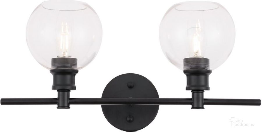 The appearance of Collier 2 Light Black And Clear Glass Wall Sconce designed by Elegant Lighting in the industrial interior design. This black piece of furniture  was selected by 1StopBedrooms from Collier Collection to add a touch of cosiness and style into your home. Sku: LD2314BK. Product Type: Wall Sconce. Material: Iron. Image1