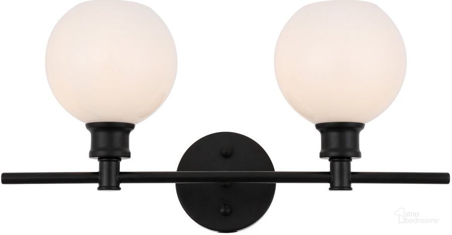 The appearance of Collier 2 Light Black And Frosted White Glass Wall Sconce designed by Elegant Lighting in the industrial interior design. This black piece of furniture  was selected by 1StopBedrooms from Collier Collection to add a touch of cosiness and style into your home. Sku: LD2315BK. Product Type: Wall Sconce. Material: Iron. Image1