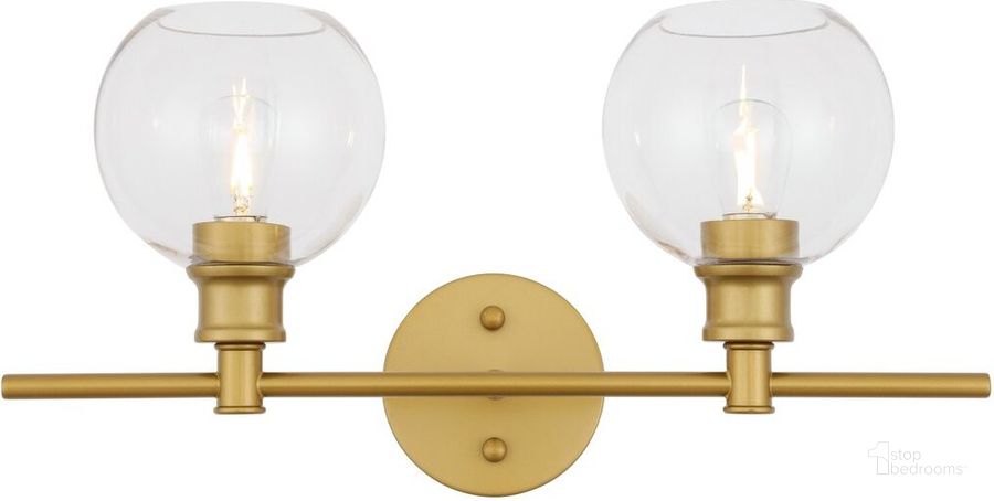 The appearance of Collier 2 Light Brass And Clear Glass Wall Sconce designed by Elegant Lighting in the industrial interior design. This brass piece of furniture  was selected by 1StopBedrooms from Collier Collection to add a touch of cosiness and style into your home. Sku: LD2314BR. Product Type: Wall Sconce. Material: Iron. Image1