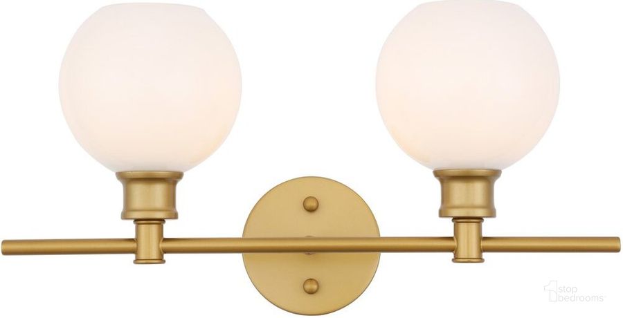 The appearance of Collier 2 Light Brass And Frosted White Glass Wall Sconce designed by Elegant Lighting in the industrial interior design. This brass piece of furniture  was selected by 1StopBedrooms from Collier Collection to add a touch of cosiness and style into your home. Sku: LD2315BR. Product Type: Wall Sconce. Material: Iron. Image1