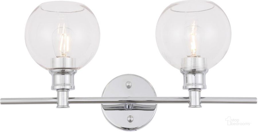 The appearance of Collier 2 Light Chrome And Clear Glass Wall Sconce designed by Elegant Lighting in the industrial interior design. This chrome piece of furniture  was selected by 1StopBedrooms from Collier Collection to add a touch of cosiness and style into your home. Sku: LD2314C. Product Type: Wall Sconce. Material: Iron. Image1