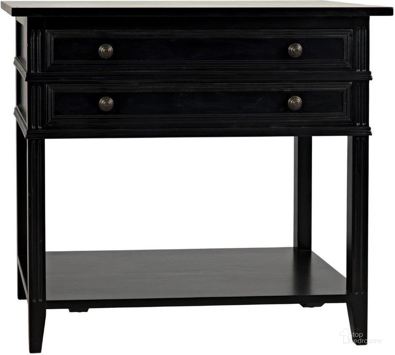 The appearance of Colonial 2-Drawer Side Table In Distressed Black designed by Noir in the transitional interior design. This distressed black piece of furniture  was selected by 1StopBedrooms from Colonial Collection to add a touch of cosiness and style into your home. Sku: GTAB237D1. Product Type: Side Table. Material: Wood Veneer. Image1