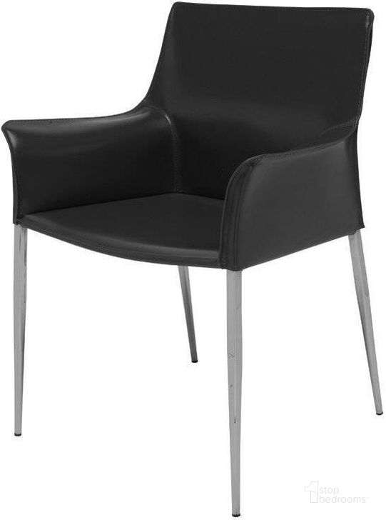 The appearance of Colter Black Leather Dining Arm Chair designed by Nuevo in the modern / contemporary interior design. This black piece of furniture  was selected by 1StopBedrooms from Colter Collection to add a touch of cosiness and style into your home. Sku: HGAR398. Material: Metal. Product Type: Arm Chair. Image1