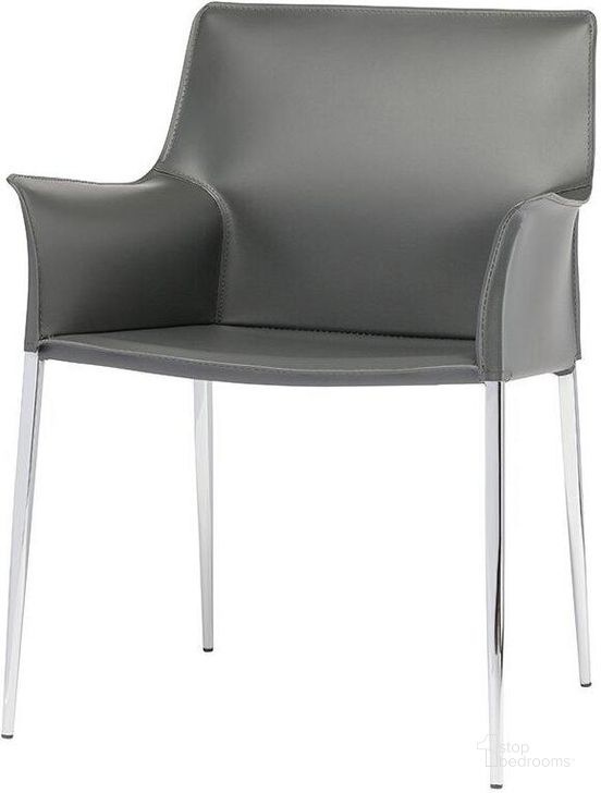 The appearance of Colter Grey Leather Dining Arm Chair designed by Nuevo in the modern / contemporary interior design. This gray piece of furniture  was selected by 1StopBedrooms from Colter Collection to add a touch of cosiness and style into your home. Sku: HGAR401. Material: Metal. Product Type: Arm Chair. Image1