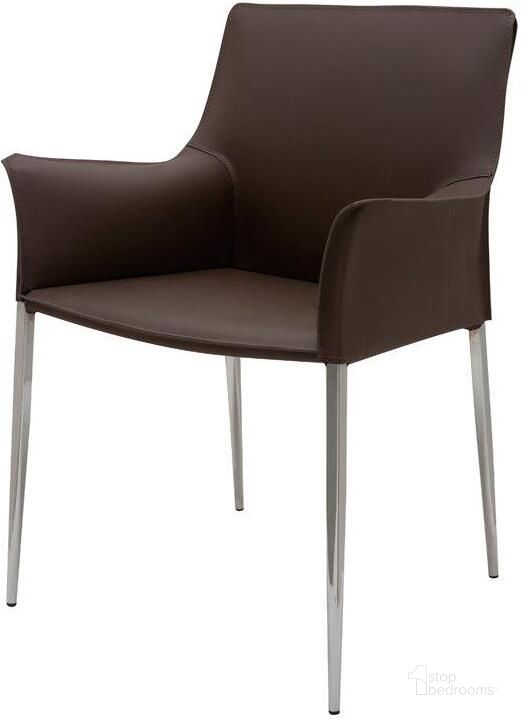 The appearance of Colter Mink Leather Dining Arm Chair designed by Nuevo in the modern / contemporary interior design. This brown piece of furniture  was selected by 1StopBedrooms from Colter Collection to add a touch of cosiness and style into your home. Sku: HGAR402. Material: Metal. Product Type: Arm Chair. Image1