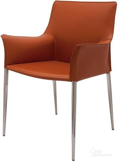 The appearance of Colter Ochre Leather Dining Arm Chair designed by Nuevo in the modern / contemporary interior design. This orange piece of furniture  was selected by 1StopBedrooms from Colter Collection to add a touch of cosiness and style into your home. Sku: HGAR403. Material: Metal. Product Type: Arm Chair. Image1