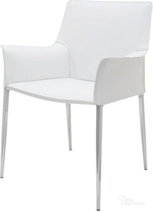 The appearance of Colter White Leather Dining Arm Chair designed by Nuevo in the modern / contemporary interior design. This white piece of furniture  was selected by 1StopBedrooms from Colter Collection to add a touch of cosiness and style into your home. Sku: HGAR399. Material: Metal. Product Type: Arm Chair. Image1