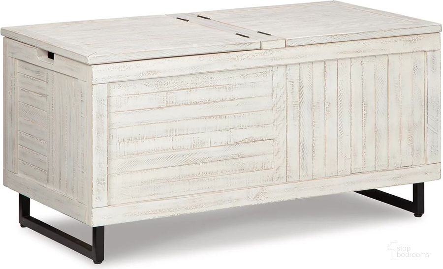 The appearance of Coltport Distressed White Storage Trunk designed by Signature Design by Ashley in the transitional interior design. This distressed white piece of furniture  was selected by 1StopBedrooms from Coltport Collection to add a touch of cosiness and style into your home. Sku: A4000337. Material: Wood. Product Type: Storage Trunk. Image1