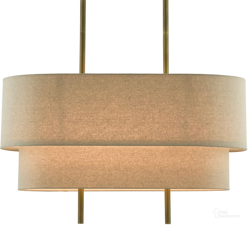 The appearance of Combermere Linen Rectangular Chandelier In Brass designed by Currey & Company in the modern / contemporary interior design. This brass piece of furniture  was selected by 1StopBedrooms from Combermere Collection to add a touch of cosiness and style into your home. Sku: 9000-0620. Material: Metal. Product Type: Chandelier. Image1