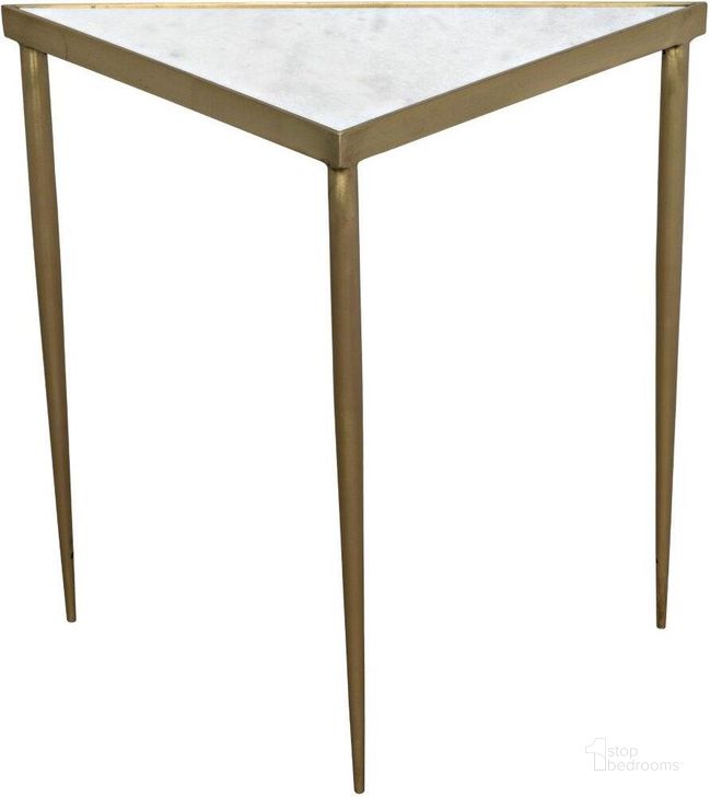 The appearance of Comet Triangle Side Table designed by Noir in the transitional interior design. This antique brass piece of furniture  was selected by 1StopBedrooms from Comet Collection to add a touch of cosiness and style into your home. Sku: GTAB844MB-L. Material: Marble. Product Type: Side Table. Image1