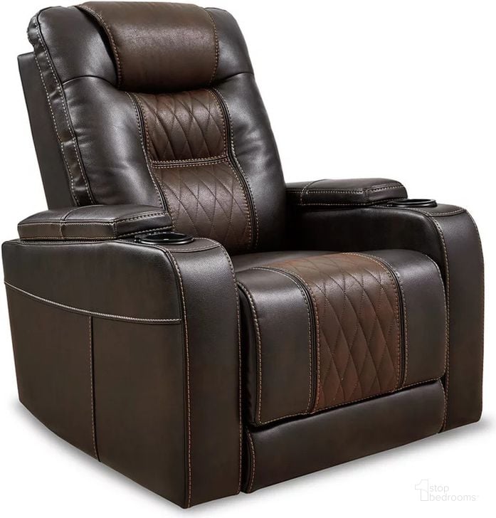 The appearance of Composer Brown PWR Recliner/ADJ Headrest designed by Signature Design by Ashley in the modern / contemporary interior design. This brown piece of furniture  was selected by 1StopBedrooms from Composer Collection to add a touch of cosiness and style into your home. Sku: 2150713. Material: Fabric. Product Type: Recliner. Image1