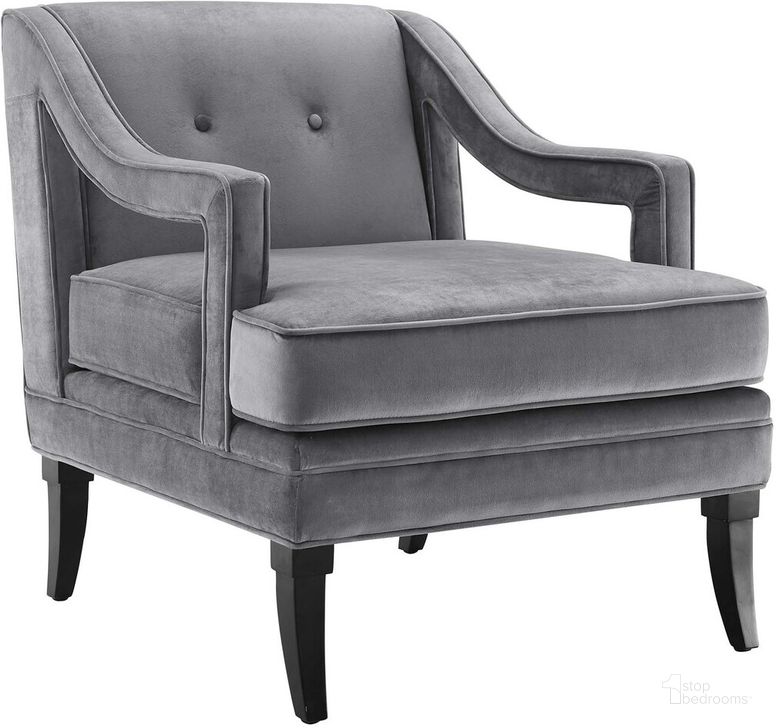 The appearance of Concur Button Tufted Performance Velvet Armchair In Gray designed by Modway in the transitional interior design. This gray piece of furniture  was selected by 1StopBedrooms from Concur Collection to add a touch of cosiness and style into your home. Sku: EEI-2996-GRY. Material: Wood. Product Type: Living Room Chair. Image1