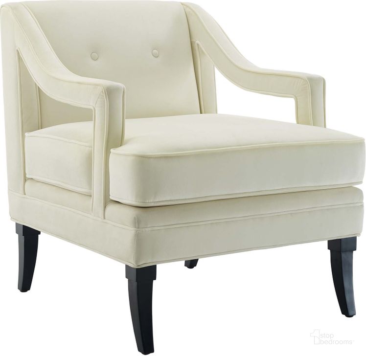 The appearance of Concur Ivory Button Tufted Performance Velvet Arm Chair EEI-2996-IVO designed by Modway in the modern / contemporary interior design. This ivory piece of furniture  was selected by 1StopBedrooms from Concur Collection to add a touch of cosiness and style into your home. Sku: EEI-2996-IVO. Material: Wood. Product Type: Living Room Chair. Image1