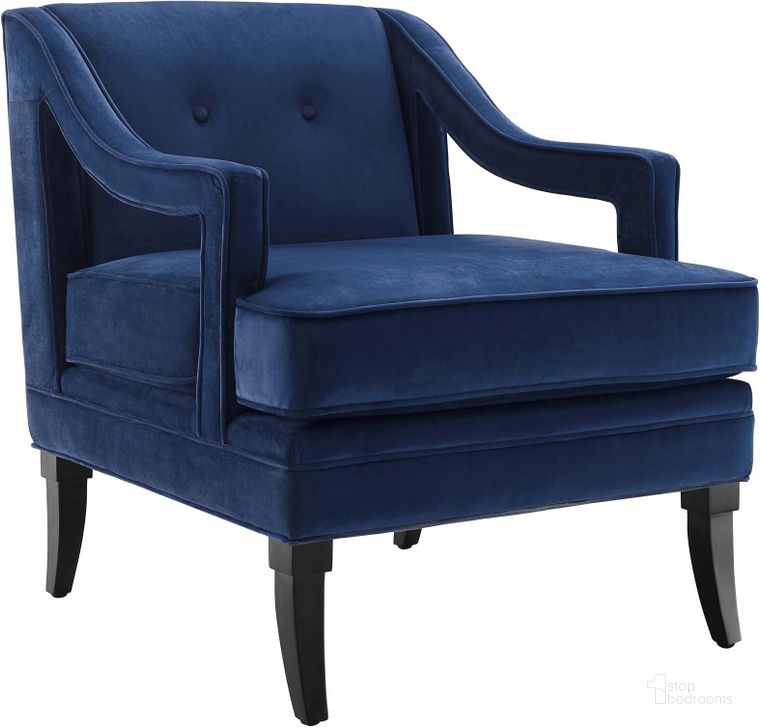 The appearance of Concur Navy Button Tufted Performance Velvet Arm Chair designed by Modway in the modern / contemporary interior design. This navy piece of furniture  was selected by 1StopBedrooms from Concur Collection to add a touch of cosiness and style into your home. Sku: EEI-2996-NAV. Material: Wood. Product Type: Living Room Chair. Image1