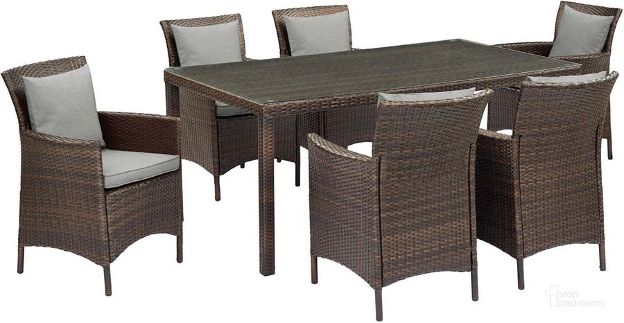 The appearance of Conduit 7 Piece Outdoor Patio Wicker Rattan Dining Set designed by Modway in the modern / contemporary interior design. This brown and beige piece of furniture  was selected by 1StopBedrooms from Conduit Collection to add a touch of cosiness and style into your home. Sku: EEI-4032-BRN-GRY-SET. Table Base Style: Legs. Material: Rattan. Table Top Shape: Rectangular. Product Type: Outdoor Dining Set. Image1