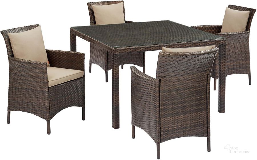 The appearance of Conduit Brown and Beige 5 Piece Outdoor Patio Wicker Rattan Set EEI-3893-BRN-BEI-SET designed by Modway in the modern / contemporary interior design. This brown and beige piece of furniture  was selected by 1StopBedrooms from Conduit Collection to add a touch of cosiness and style into your home. Sku: EEI-3893-BRN-BEI-SET. Material: Rattan. Product Type: Outdoor Conversation Set. Image1