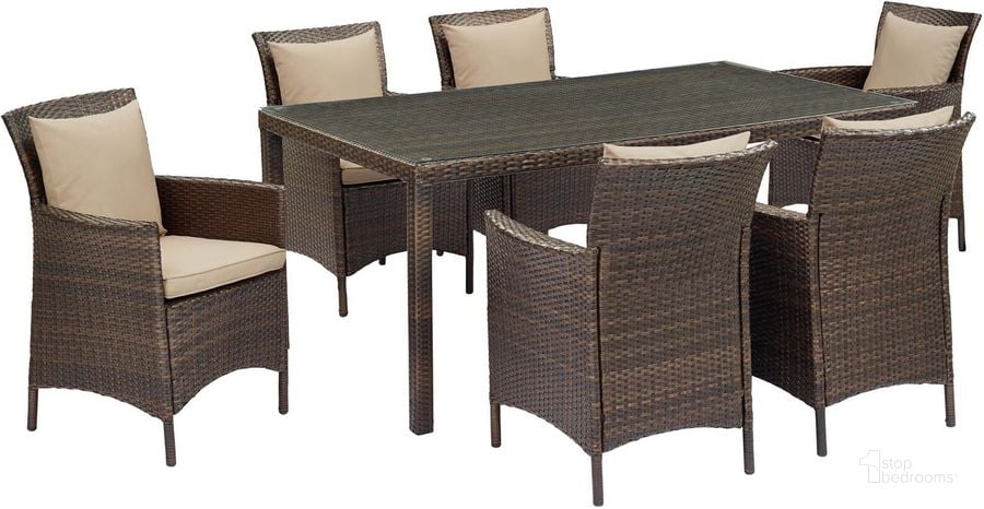 The appearance of Conduit Brown and Beige 7 Piece Outdoor Patio Wicker Rattan Dining Set designed by Modway in the modern / contemporary interior design. This brown and beige piece of furniture  was selected by 1StopBedrooms from Conduit Collection to add a touch of cosiness and style into your home. Sku: EEI-4032-BRN-BEI-SET. Table Base Style: Legs. Material: Rattan. Table Top Shape: Rectangular. Product Type: Outdoor Dining Set. Image1