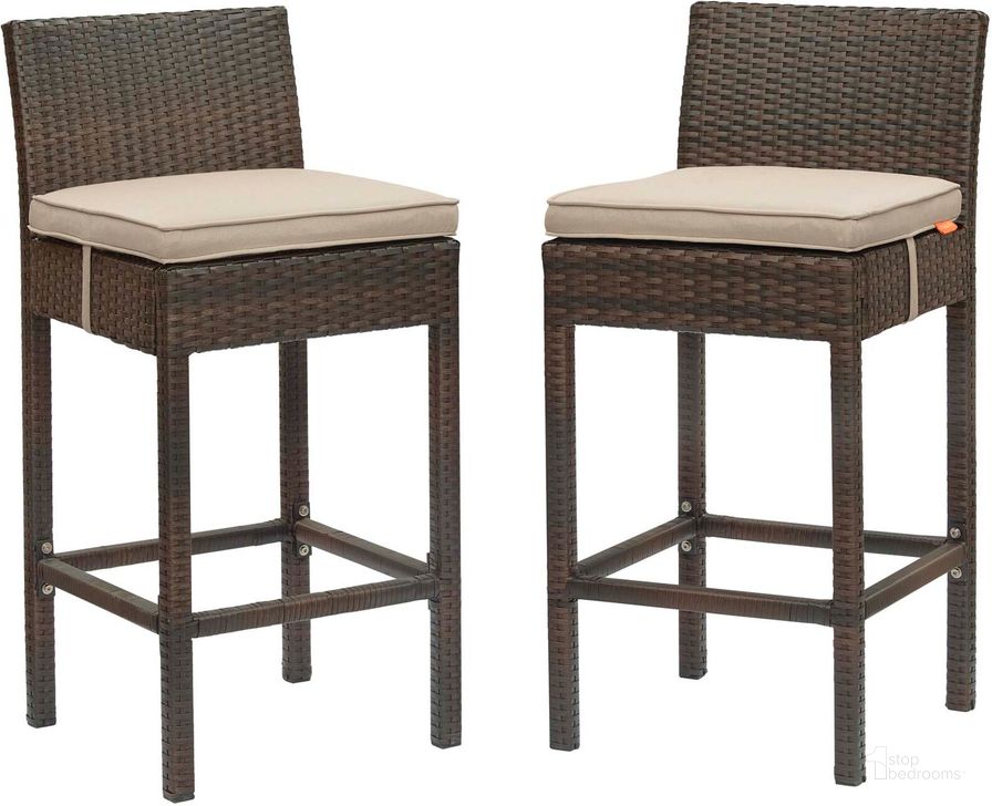The appearance of Conduit Brown and Beige Bar Stool Outdoor Patio Wicker Rattan Set of 2 designed by Modway in the modern / contemporary interior design. This brown and beige piece of furniture  was selected by 1StopBedrooms from Conduit Collection to add a touch of cosiness and style into your home. Sku: EEI-3603-BRN-BEI. Product Type: Outdoor Bar Furniture. Material: Aluminium. Image1