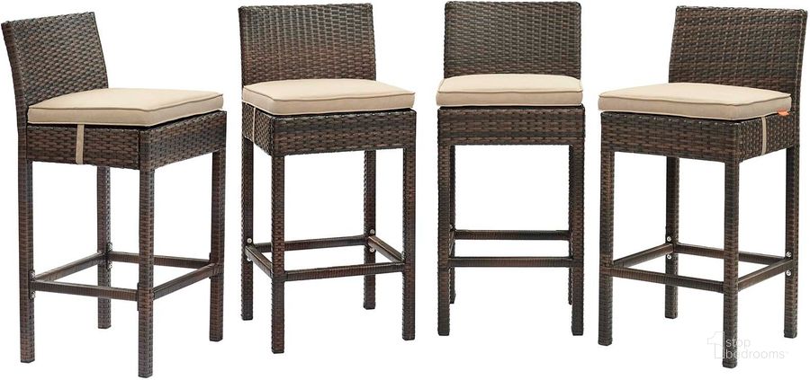 The appearance of Conduit Brown and Beige Bar Stool Outdoor Patio Wicker Rattan Set of 4 designed by Modway in the modern / contemporary interior design. This brown and beige piece of furniture  was selected by 1StopBedrooms from Conduit Collection to add a touch of cosiness and style into your home. Sku: EEI-3601-BRN-BEI. Product Type: Outdoor Bar Furniture. Material: Aluminium. Image1