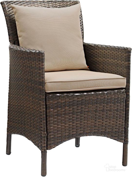 The appearance of Conduit Brown and Beige Outdoor Patio Wicker Rattan Dining Arm Chair designed by Modway in the modern / contemporary interior design. This brown and beige piece of furniture  was selected by 1StopBedrooms from Conduit Collection to add a touch of cosiness and style into your home. Sku: EEI-2801-BRN-BEI. Material: Rattan. Product Type: Outdoor Dining Chair. Image1