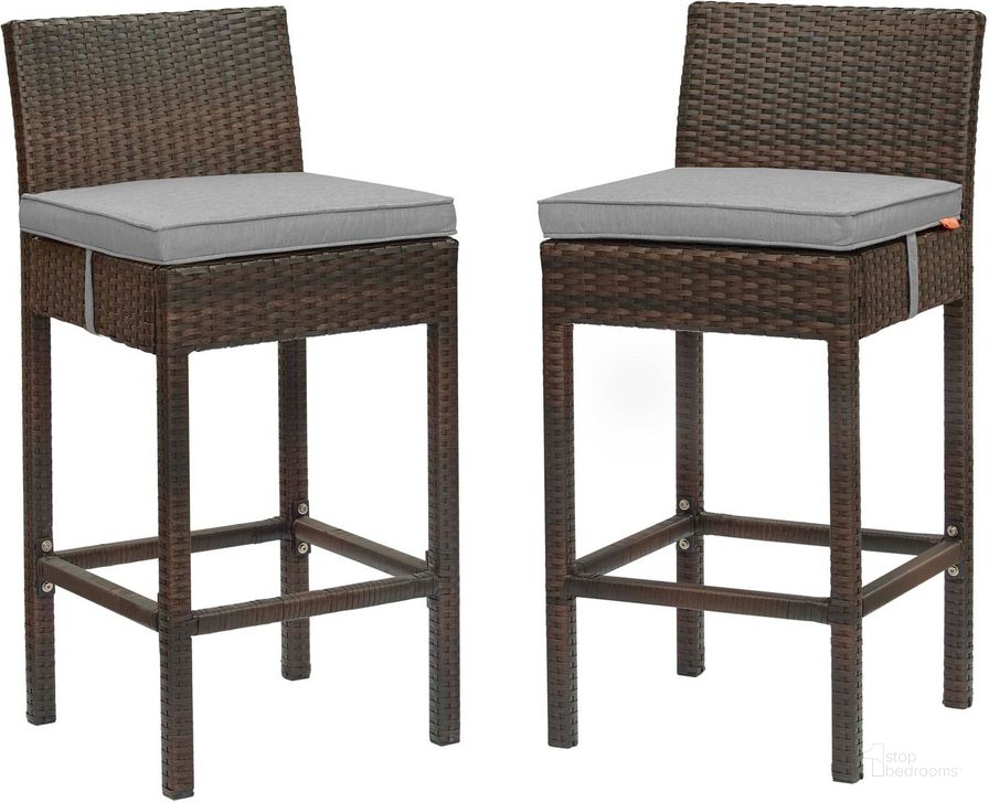 The appearance of Conduit Brown and Gray Bar Stool Outdoor Patio Wicker Rattan Set of 2 designed by Modway in the modern / contemporary interior design. This brown and gray piece of furniture  was selected by 1StopBedrooms from Conduit Collection to add a touch of cosiness and style into your home. Sku: EEI-3603-BRN-GRY. Product Type: Outdoor Bar Furniture. Material: Aluminium. Image1