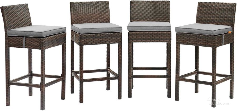 The appearance of Conduit Brown and Gray Bar Stool Outdoor Patio Wicker Rattan Set of 4 EEI-3601-BRN-GRY designed by Modway in the modern / contemporary interior design. This brown and gray piece of furniture  was selected by 1StopBedrooms from Conduit Collection to add a touch of cosiness and style into your home. Sku: EEI-3601-BRN-GRY. Product Type: Outdoor Bar Furniture. Material: Aluminium. Image1