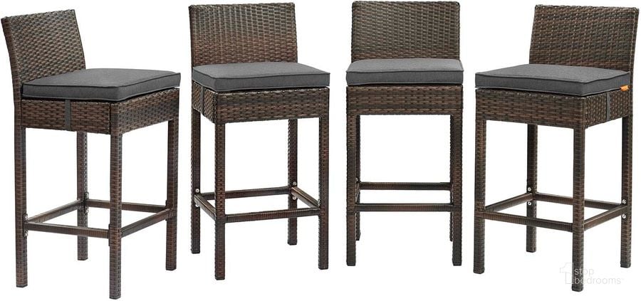 The appearance of Conduit Brown Charcoal Bar Stool Outdoor Patio Wicker Rattan Set of 4 EEI-3601-BRN-CHA designed by Modway in the modern / contemporary interior design. This brown charcoal piece of furniture  was selected by 1StopBedrooms from Conduit Collection to add a touch of cosiness and style into your home. Sku: EEI-3601-BRN-CHA. Product Type: Outdoor Bar Furniture. Material: Aluminium. Image1