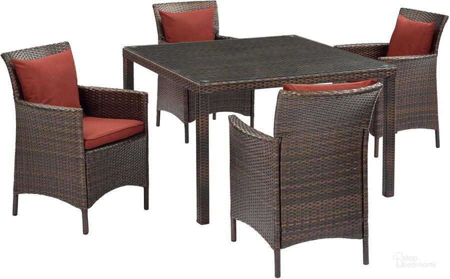 The appearance of Conduit Brown Currant 5 Piece Outdoor Patio Wicker Rattan Set EEI-3893-BRN-CUR-SET designed by Modway in the modern / contemporary interior design. This brown currant piece of furniture  was selected by 1StopBedrooms from Conduit Collection to add a touch of cosiness and style into your home. Sku: EEI-3893-BRN-CUR-SET. Material: Rattan. Product Type: Outdoor Conversation Set. Image1
