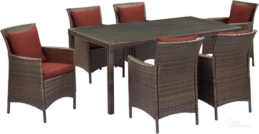 The appearance of Conduit Brown Currant 7 Piece Outdoor Patio Wicker Rattan Dining Set EEI-4032-BRN-CUR-SET designed by Modway in the modern / contemporary interior design. This brown currant piece of furniture  was selected by 1StopBedrooms from Conduit Collection to add a touch of cosiness and style into your home. Sku: EEI-4032-BRN-CUR-SET. Table Base Style: Legs. Material: Rattan. Table Top Shape: Rectangular. Product Type: Outdoor Dining Set. Image1